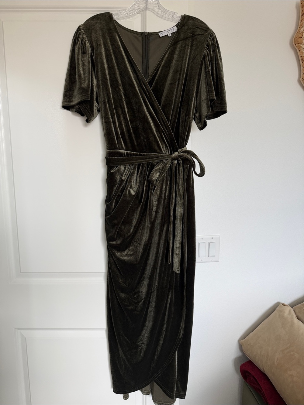 Ivy City Co Olive Velvet Wrap Midi Dress